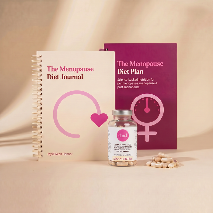 Menopause diet plan books and a supplement bottle on a beige background